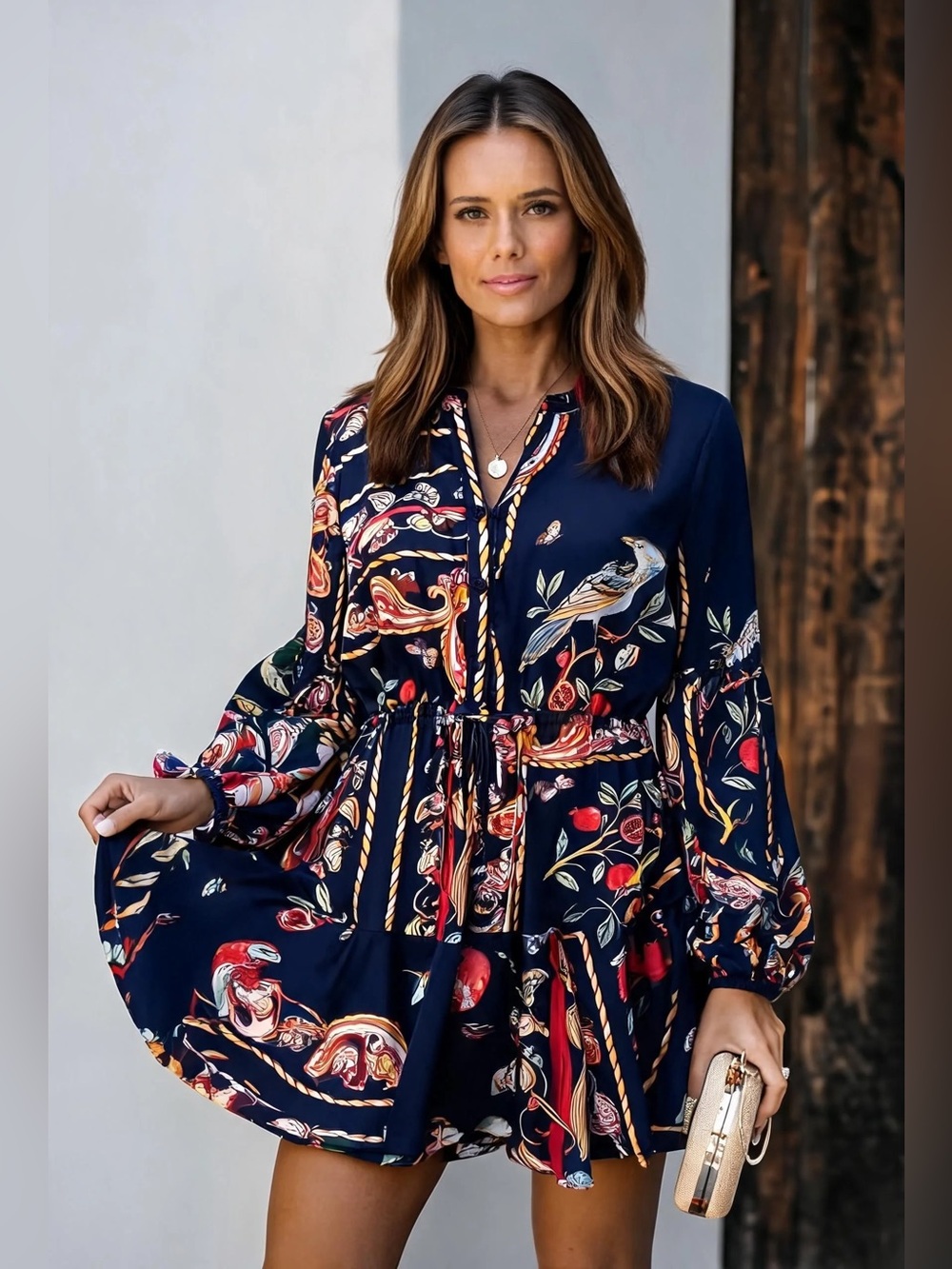 NWT Navy Floral Print Long-Sleeve Mini Dress | Boho Chic Dress